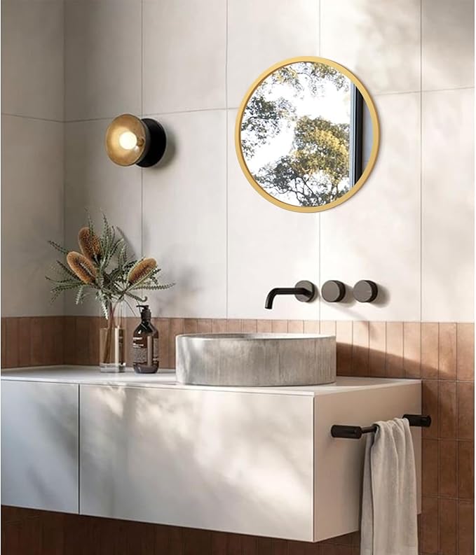 JJUUYOU Wall Mirror 24 Inch Round Wall Mirror for Bathroom Antique Circular Mirrors Washroom Wall Decor Wood Frame Mirrors for Living Room Bedroom Dorm Decorative