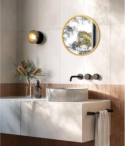JJUUYOU Wall Mirror 24 Inch Round Wall Mirror for Bathroom Antique Circular Mirrors Washroom Wall Decor Wood Frame Mirrors for Living Room Bedroom Dorm Decorative
