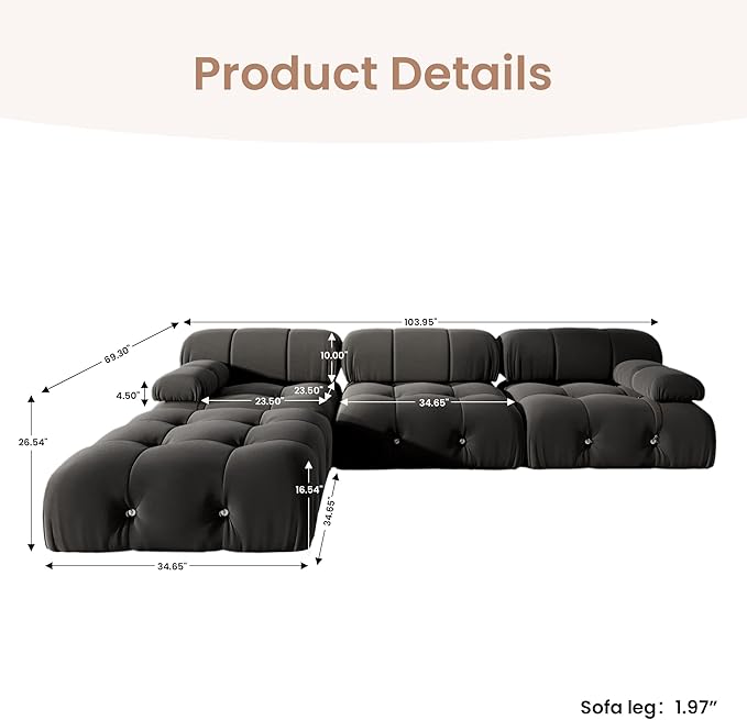 104'' Modular Sectional Couch, L-Shaped Velvet Bubble Couch with Reversible Chaise Ottoman, Modern Black Sectional Couches for Living Room, Apartment (3 Seats, 1 Ottoman, Black)
