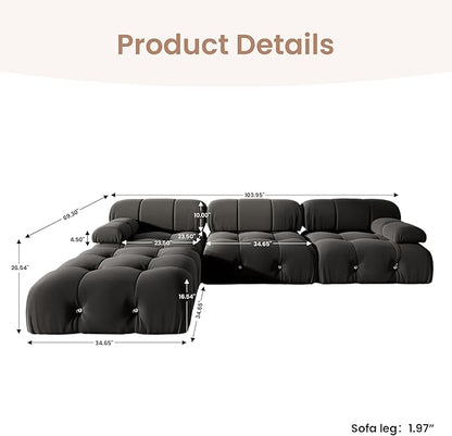 104'' Modular Sectional Couch, L-Shaped Velvet Bubble Couch with Reversible Chaise Ottoman, Modern Black Sectional Couches for Living Room, Apartment (3 Seats, 1 Ottoman, Black)