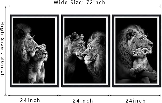 African Lion Framed Canvas Wall Art Set of 3 Lion and Lioness Hug Wall Decor for Country Apartment Living Room Office Nursery Modern Wildlife Animal Artwork Decoration Easy to Hand 24x36inchx3pcs