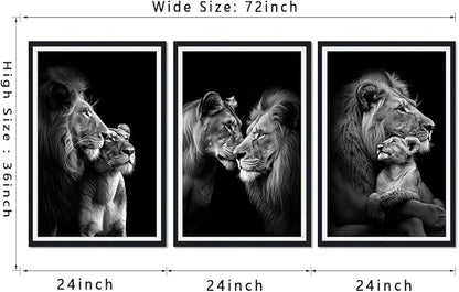 African Lion Framed Canvas Wall Art Set of 3 Lion and Lioness Hug Wall Decor for Country Apartment Living Room Office Nursery Modern Wildlife Animal Artwork Decoration Easy to Hand 24x36inchx3pcs