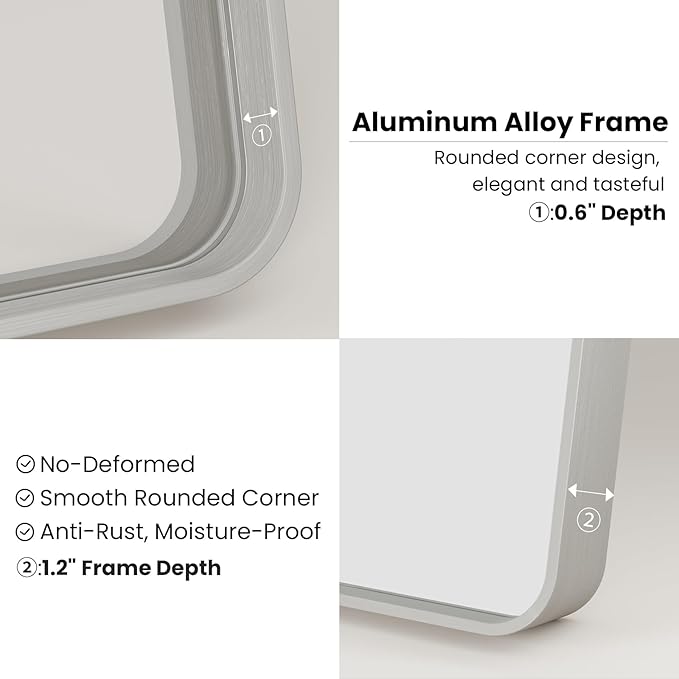 JISOSO Brushed Nickel Bathroom Mirror 24x32 Inch, Brushed Silver Metal Frame Mirror Wall Mounted, Rounded Rectangle Bathroom Vanity Mirror, Tempered Glass, Anti-Rust, Horizontal/Vertical