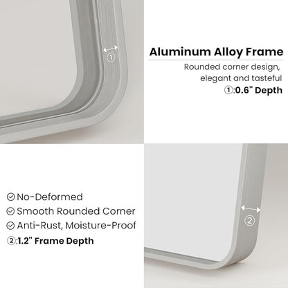 JISOSO Brushed Nickel Bathroom Mirror, 22x30 Inch Thick Silver Metal Rectangle Frame Wall Mirror, Modern Round Corner Bathroom Vanity Mirror for Over Sink, Bedroom, Living Room, Entryway
