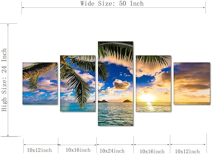 Sunrise 5 Pieces Wall Decor Beaches Wall Art Ocean Scenic Nature Photography Pictures HD Print on Canvas Office Home Decor for Living Room Aisle Bedroom Bathroom Wall Decoration Framed Ready to Hang - 50''W x 24''H