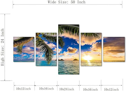 Sunrise 5 Pieces Wall Decor Beaches Wall Art Ocean Scenic Nature Photography Pictures HD Print on Canvas Office Home Decor for Living Room Aisle Bedroom Bathroom Wall Decoration Framed Ready to Hang - 50''W x 24''H
