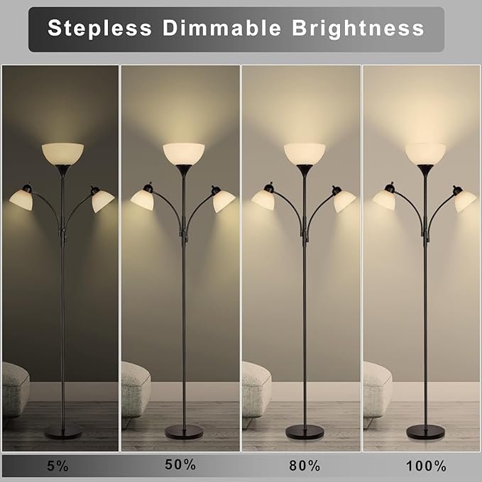RISLG Floor Lamps for Living Room,Standing Lamp with Stepless Dimming, 3 Lights Adjustable Reading Lights, Morden Tall Lamps for Living Room, Bedroom, Office