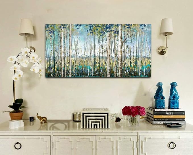 Pogusmavi Large Framed Birch Tree Canvas Wall Art Nature Painting for Home Decor | Teal Artwork for Living Room, Bedroom, and Office Pictures for Living Room 24×48IN