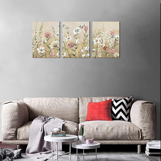 Flowers Wall Art Pink White Floral Canvas Pictures Elegant Blossom Wall Decor Modern Flower Bedroom Living Room Wall Decoration Vintage Canvas Prints Flower Canvas Wall Hangings 12" x 16" x 3 Pieces