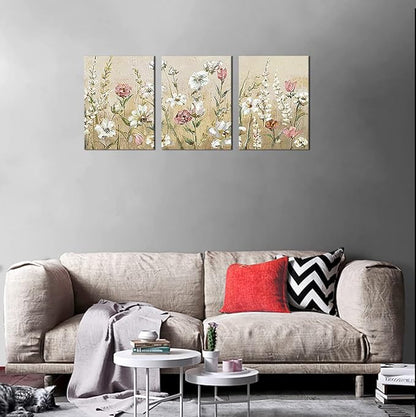 Flowers Wall Art Pink White Floral Canvas Pictures Elegant Blossom Wall Decor Modern Flower Bedroom Living Room Wall Decoration Vintage Canvas Prints Flower Canvas Wall Hangings 12" x 16" x 3 Pieces