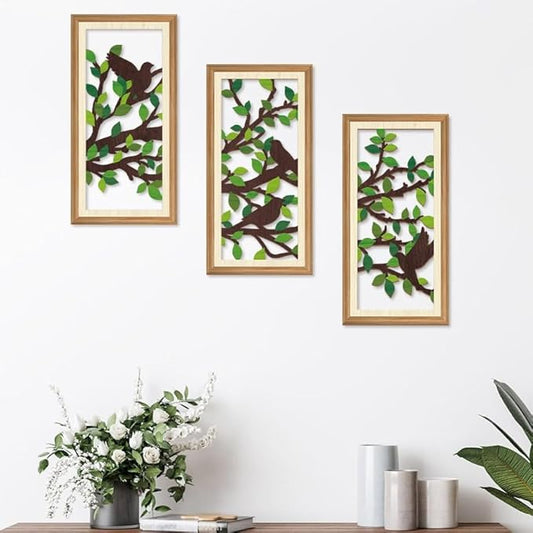 IARTTOP 3 Pcs Nature Silhouette Wall Art Set Green Leaf Botanical Wall Decor Bird on Branch Art Prints Rustic Farmhouse Wood-Look Art Decor for Living Room Bedroom Office 8x16 Inch