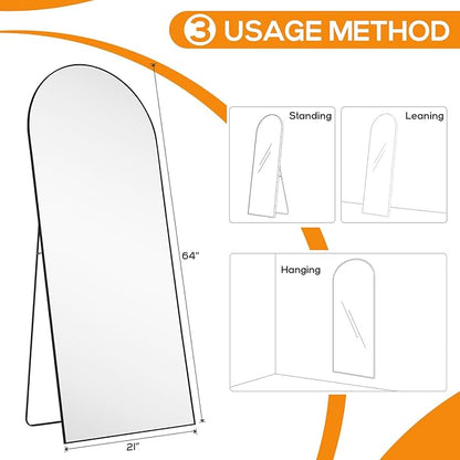 Arched Mirror Full Length, Upgraded 21"x64" Body Wall Mirrors with Shatter-Proof Glass, Floor Standing, Hanging or Leaning, Large Tall Arch Mirror with Stand Aluminum Alloy Frame