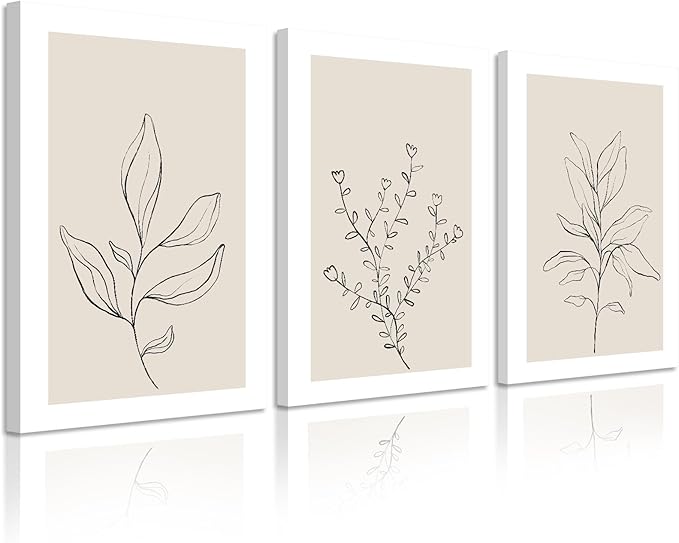 Botanical Wall Art Decor Neutral Wall Decor Boho Beige Canvas Wall Art Botanical Minimalist Pictures Neutral Prints Beige Posters Boho Artwork for Room Bedroom 16x24x3 Inch Framed