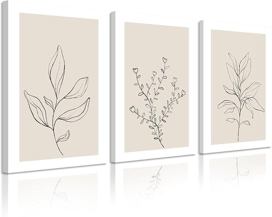 Botanical Wall Art Decor Neutral Wall Decor Boho Beige Canvas Wall Art Botanical Minimalist Pictures Neutral Prints Beige Posters Boho Artwork for Room Bedroom 16x24x3 Inch Framed