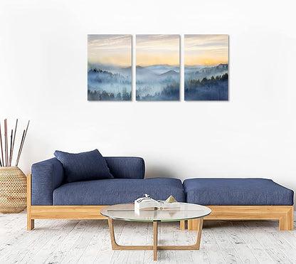 Wall Decor for Bedroom 3 Panel Sunrise Misty Forest Print Picture Paintings Wall Art for Living Room Bathroom Framed Canvas Artwork Modern Room Wall Decorations Size 16x24 x 3 Piece Ready to Hang