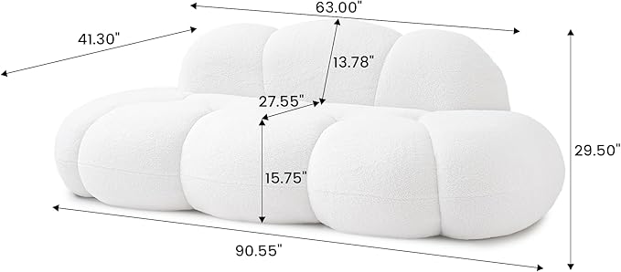Modern Curved Sofa, 3 Seater, Soft Sherpa Upholstered Sofa, Minimalist Style Comfy Cloud Couch for Living Room Apartment, White