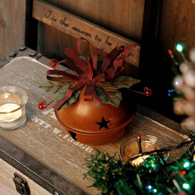 Large Christmas Jingle Bell Decoration, 4.5 X 5.5 Inch Rustic Red Jingle Bell Hanging Christmas Tree Bell Ornament Metal Star Cutout Xmas Holiday Decor, Party and Festival Decoration (Bell C)