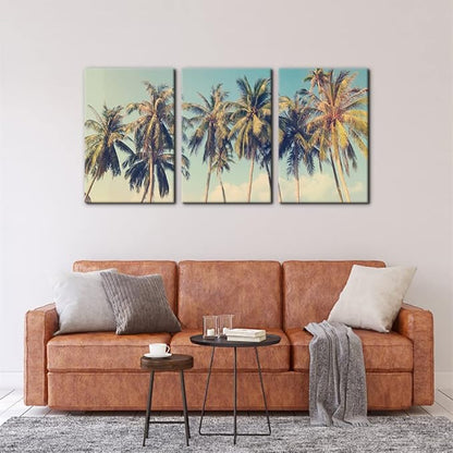 Pacimo Canvas Print Wall Art Set Row of California Palm Trees & Blue Sky Nature Wilderness Photography Realism Chic Scenic Seaside Landscape Pictures Giclee Artwork Stretched Framed - 16"x24"x3 Panels