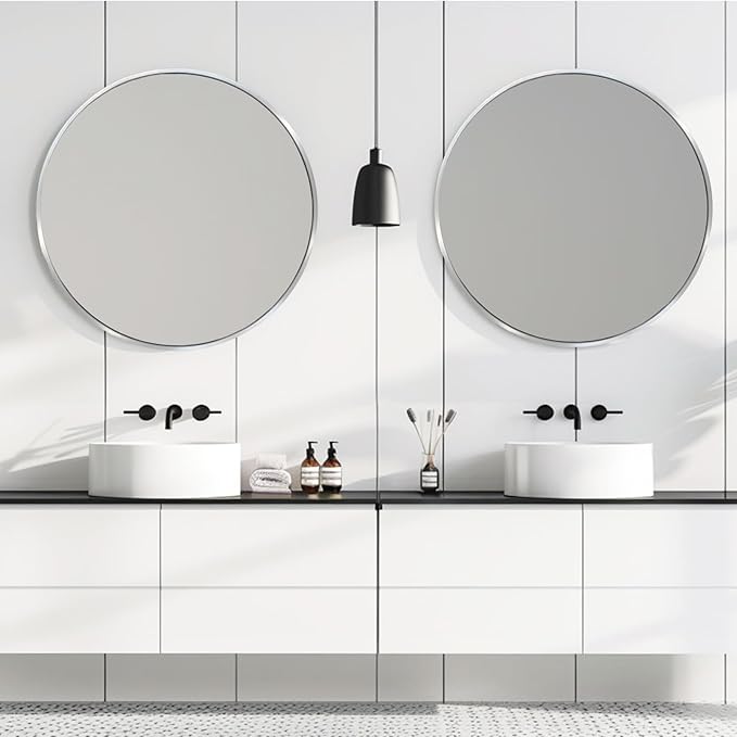 Silver Circle Mirror, Round Mirror 20 inch, Round Wall Mirrors Metal Frame, Circle Mirrors for Bathroom, Living Room, Hallway, Vanity, Over Sink