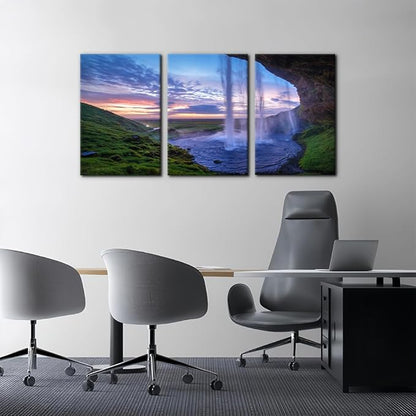 Pacimo Waterfall at Sunset Canvas Wall Art Print Iceland Landscape Painting Framed Wall Art Decor for Living Room Home Decoration 3 Pieces Gallery Wrapped Posters and Prints Ideal Gifts - 16"x24"x3