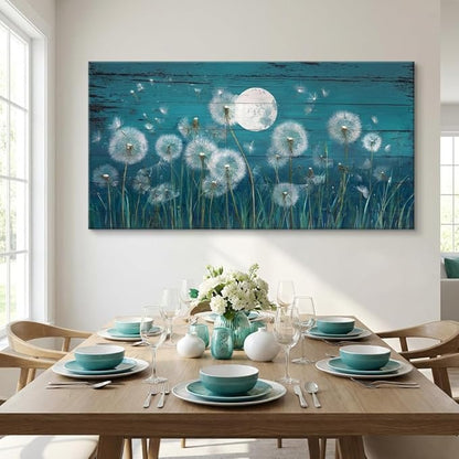 BQVCT Dandelion Moon Wall Art 30x58 Inch Large Gallery Wrapped Canvas Print Teal Blue Rustic Wood Plank Design Modern Celestial Nature Themed Decor for Living Room & Bedroom