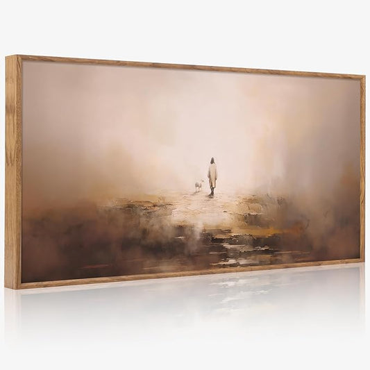 Aurlan Jesus Christian Framed Wall Art(40"x20"), Abstract Jesus Leaves The 99 Parable of The Lost Sheep Canvas Artwork, Large Neutral Watercolor Inspiring Good Shepherd Decor for Church Room Christian Faith Gift