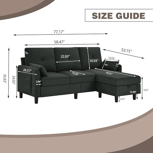 Convertible Sectional Sofa, 77" Small L Shaped 3 Seat Couch with Reversible Storage Chaise, Modern Polyester Fabric Sofa Couches for Living Room, Apartment and Small Space, Black