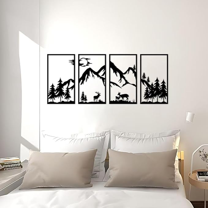 GSANMU Metal Tree Mountain Wall Decor - 4 Pcs beautiful black Sunrise Hanging Wall Art decor for Living Room and Bedroom 17×9.5inch