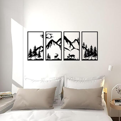 GSANMU Metal Tree Mountain Wall Decor - 4 Pcs beautiful black Sunrise Hanging Wall Art decor for Living Room and Bedroom 17×9.5inch