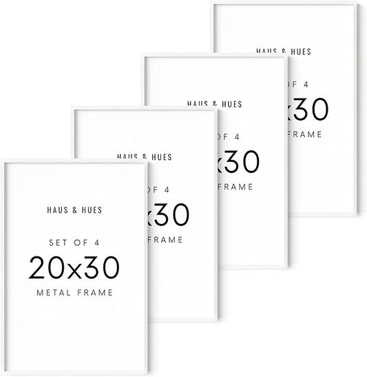 HAUS AND HUES 20x30 White Aluminum Frame Set of 4 - Premium Build, Vertical & Horizontal Hanging, Shatterproof Plexiglass (20x30 in, White)