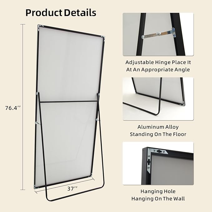 Beauty4U 76" x 37" Full Length Mirror with Stand, Black Floor & Wall Mounted Mirror, Large HD Tempered Glass Full Body Mirror for Bedroom, Dressing Room, Living Room, Entryway
