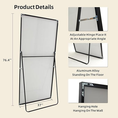 Beauty4U 76" x 37" Full Length Mirror with Stand, Black Floor & Wall Mounted Mirror, Large HD Tempered Glass Full Body Mirror for Bedroom, Dressing Room, Living Room, Entryway