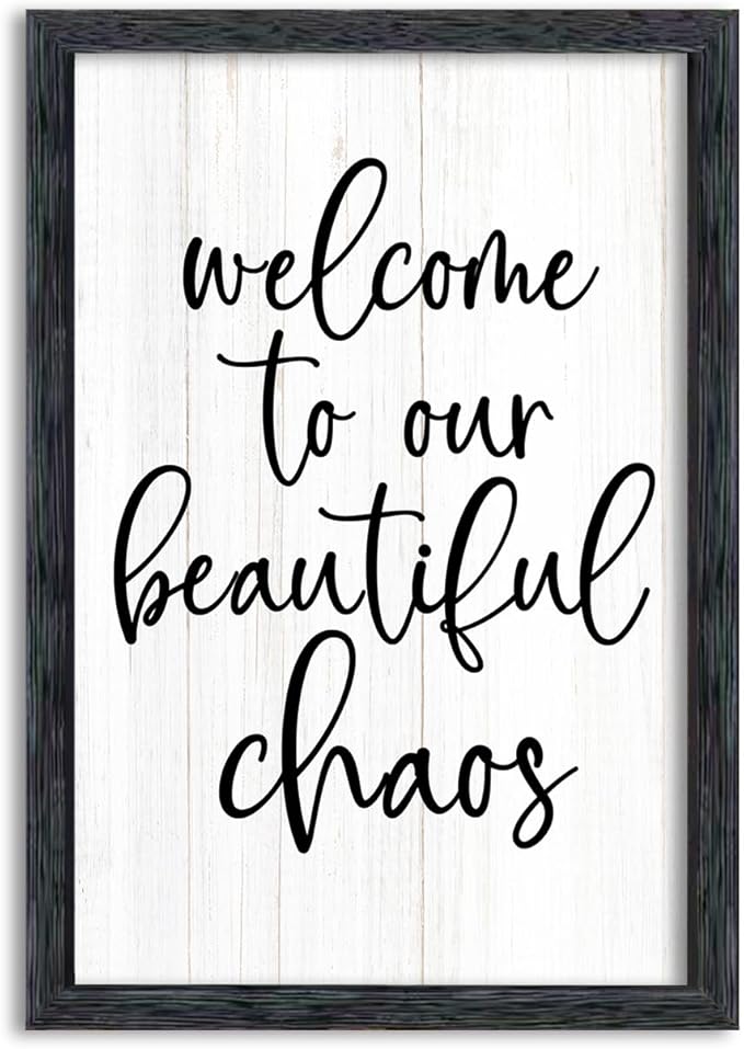AuraPeak Welcome To Our Beautiful Chaos Sign Home Living Room Wall Decor Modern Family Rustic Farmhouse House Entryway Bedroom Hanging Horizontal Plaque Wall Art (Black 16"×11")