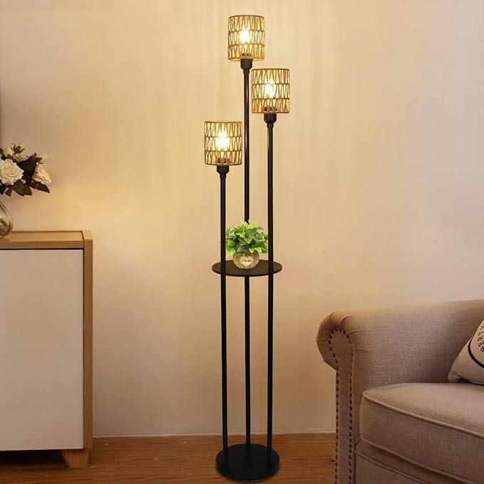 Boho Floor Lamp with Shelves, 3-Lights Farmhouse Tall Floor Lamp with ON/Off Foot Switch, Rustic Standing Lamp with Rattan Shades for Living Room Bedroom Office