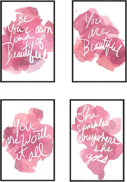 Set of 4 Framed Motivational Wall Art Quote Pink Woman's Room Home Decor, Canvas Painting Posters Print Pictures Positive Words for Office Bedroom Decoration