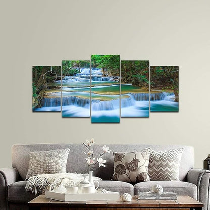 Wieco Art Peaceful Waterfall Canvas Prints Wall Art Green Trees Pictures Paintings for Living Room Bedroom Home Decorations Modern 5 Piece Stretched and Framed Forest Landscape Giclee Artwork