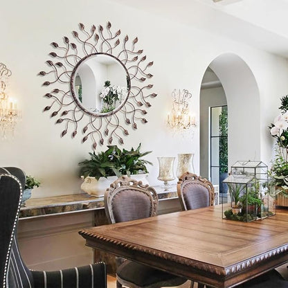 Chende Round Mirror for Dining Room Decor, 32" x 32" Large Mirror for Living Room with Removable Leaves, Beveled Edge and Metal Frame, Decorative Wall Mirror for Entrance Decor