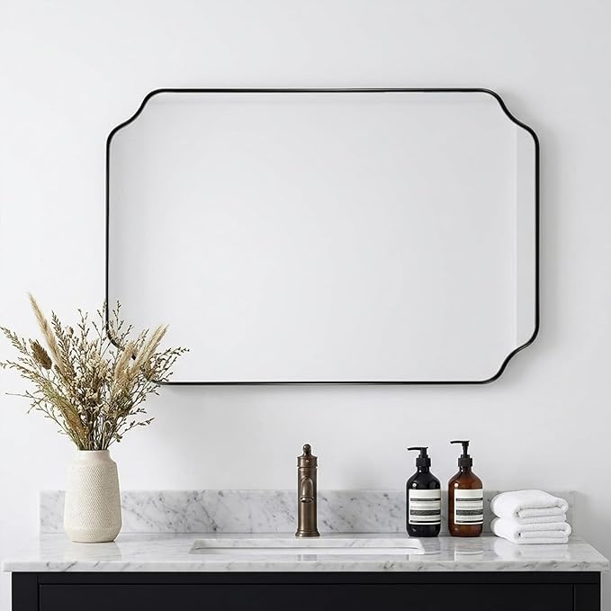 Black Wall Mirror 32"x24", Scalloped Edge Vanity Mirror - Hangs Vertically/Horizontally Decorative Bathroom Mirror for Vanity, Bedroom & Entryway, Aesthetic Bathroom Decor
