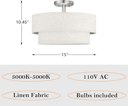 15 Inch LED 18W Adjustable 3000/4000/5000 Brushed Nickel Double Drum Linen Fabric Shade Semi Flush Mount Close to Ceiling Light Fixture for Bedroom,Living Room,Dining Room Hallway