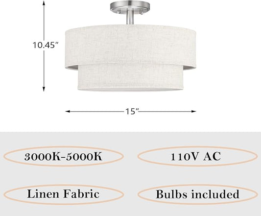 15 Inch LED 18W Adjustable 3000/4000/5000 Brushed Nickel Double Drum Linen Fabric Shade Semi Flush Mount Close to Ceiling Light Fixture for Bedroom,Living Room,Dining Room Hallway