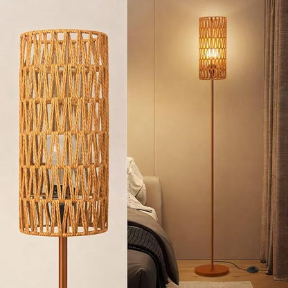 Ruiever Floor Lamp for Living Room,Farmhouse Floor lamp,Modern Standing lamp with Hand-Worked Rattan Shade (Brown Body with 3 Color Bulb)