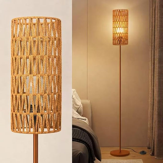 Ruiever Floor Lamp for Living Room,Farmhouse Floor lamp,Modern Standing lamp with Hand-Worked Rattan Shade (Straight Line Rattan Shade Gold Lamp- 3 Color Bulb)