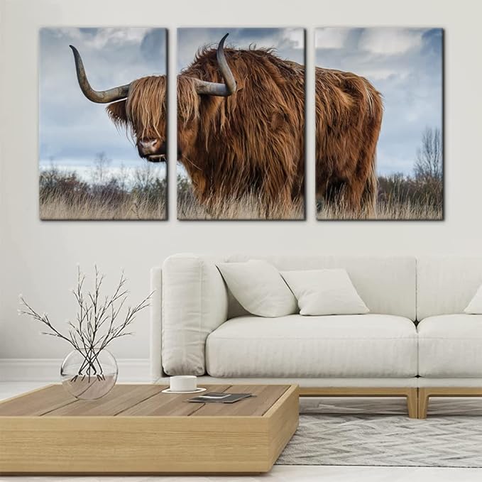Pacimo 3 Panels Framed Canvas Prints Highland Cattle Wall Art Home Decorations for Living Room Modern Stretched and Framed Animal Pictures Photo Giclee Paintings Ready to Hang - 16"x24"x3 Panels