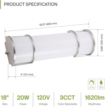 ASD LED 18" Vanity Flush Mount Light Fixture, Linear Bathroom Lighting Bar | 3CCT, Dimmable, Energy Star, ETL Listed | 20W 1650LM 3000-5000K 120V | Long Bath Wall Sconce Over Mirror | Nickel, 2 Pack