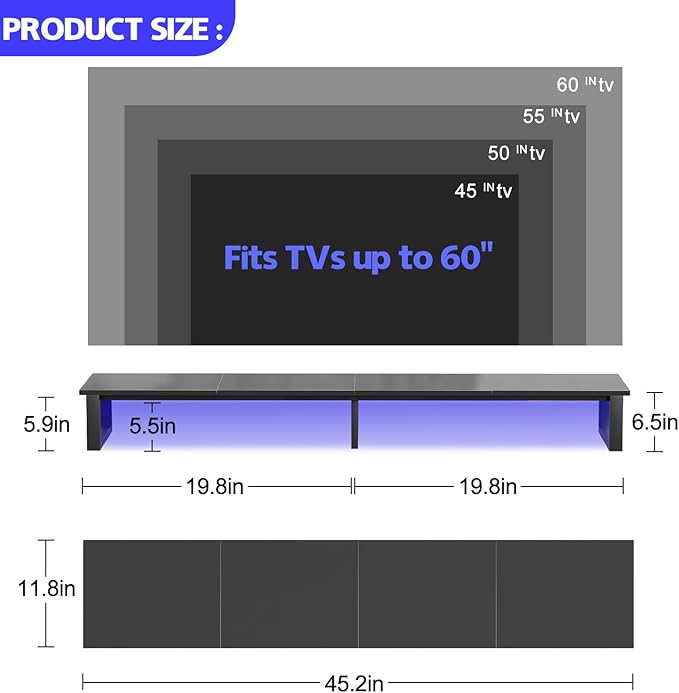 aboxoo 45" TV Riser with Light for 32-60 inch TV, TV Riser Stand Shelf, Tabletop TV Stand Riser, Computer Monitor Table for Home Living Room, Study Office (Black)