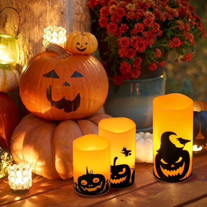 Pumpkin Flameless Candles Battery Operated with 6 Hour Timer, Set of 3 Real Wax LED Flickering Pillar Candles Spooky Halloween Decor Candle(3 x 4, 5, 6 Inches)