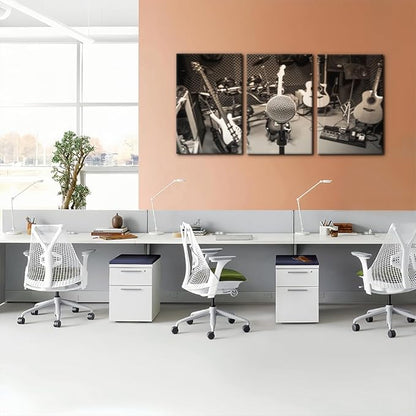 Pacimo 3 Panels Music Artistic Paintings Wall Art The Music of The Band Guitar and Shelf Drum Piano Pictures Print on Canvas for Modern Home Decoration for Living Room Framed Ready to Hang - 16"x24"x3