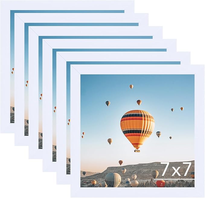 7x7 Picture Frame Set of 6 White for Wall Hanging or Tabletop, Wall Mounting Horizontally or Vertically, 7 x 7 Square Wall Gallery Poster Photo Frame with Shatter Resistant Plexiglass, 6 Pack, White