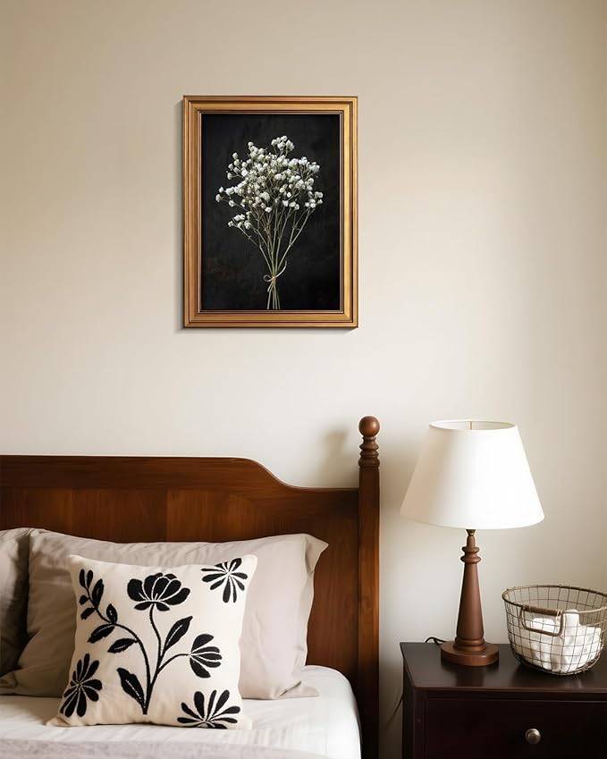 VIYYIEA Vintage Gold Framed Wall Art, Retro Dark Dried Wildflower Canvas, Aesthetic Classic Botanical Baby Breath Bouquet art, Victorian Wall Decor for Gallery Living Room Bathroom, 12x16inch