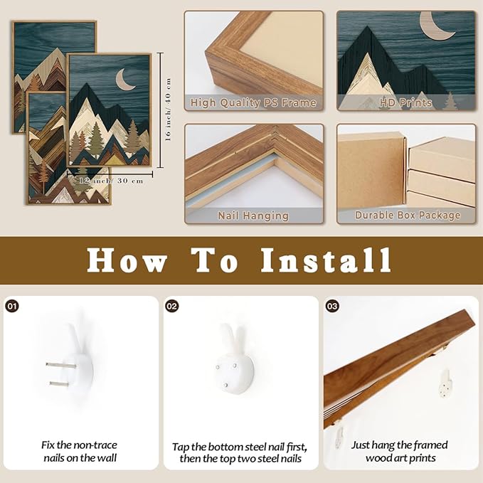 BINCUE Boho Mountain Wall Art Framed Landscape Wall Decor Modern Nature Artwork Mountains Wall Pictures Moon Art Landscape Wall Paintings Rustic Prints for Farmhouse Bedroom Living Room Office 12x16 Inch Set of 3
